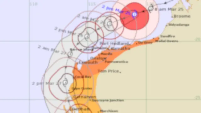 A map of the path of a cyclone along the coast of Western Australia