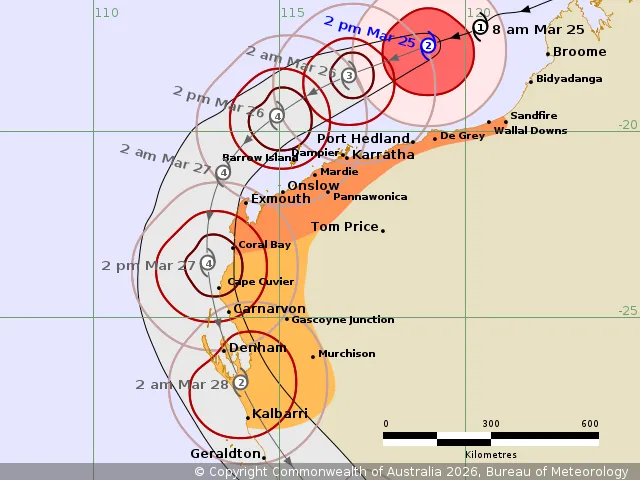 A map of the path of a cyclone along the coast of Western Australia