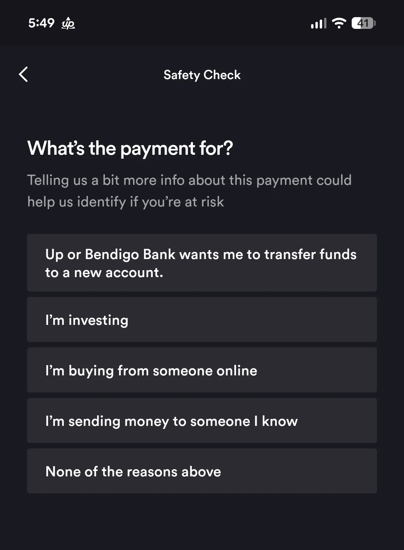 A photo of a banking app asking why I'm sending a fuck ton of money