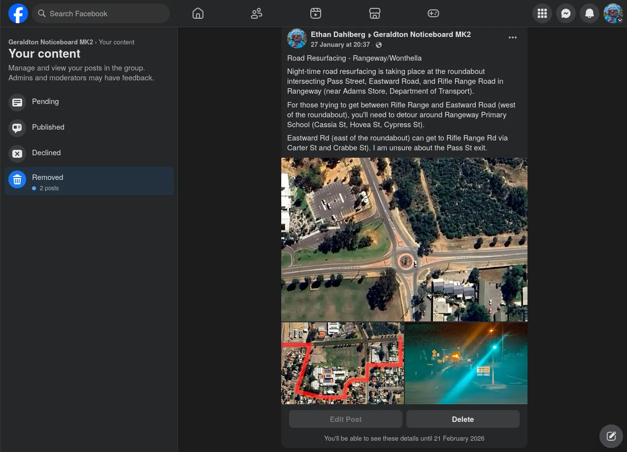 A photo of Facebook that shows that a post was removed.